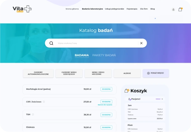 Medical website page displaying search bar, product catalog, and a shopping cart.