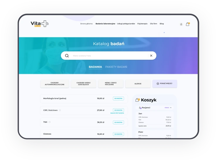 Medical website page displaying search bar, product catalog, and a shopping cart.